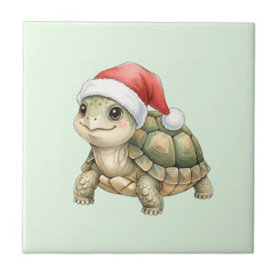Azulejo Tortuga Navidad Acuarela Sombrero de Santa