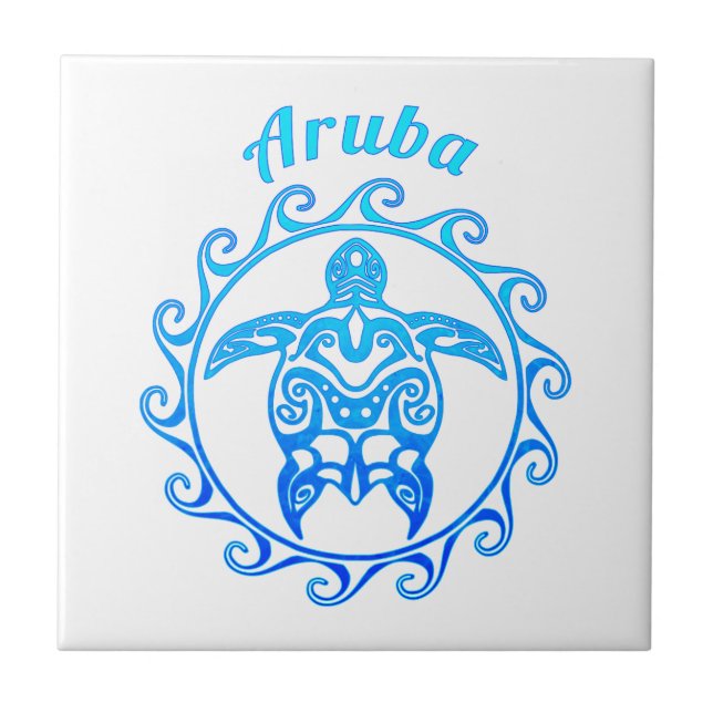 Azulejo Tortuga Tribal Azul Océano Aruba (Frente)