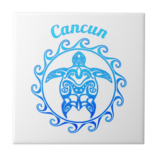 Azulejo Tortuga tribal Cancun del azul de océano (Frente)