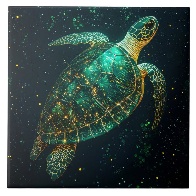 Azulejo Tortuga Verde Marina sobre Fondo Oscuro (Frente)