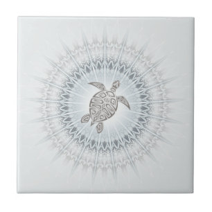 Azulejo Tortuga Y Mandala Gris Azul Beige