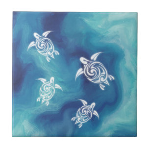 Azulejo Tortugas Blancas Océano Azul Acuarela Costera
