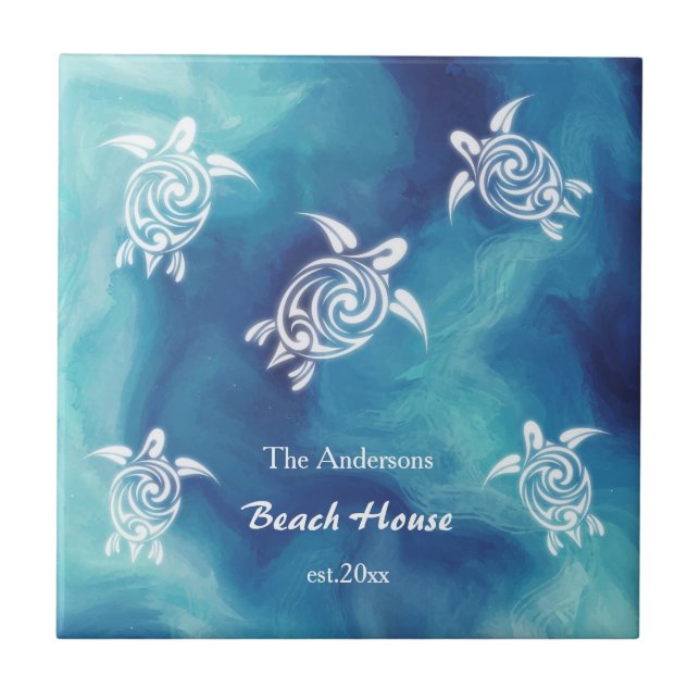 Azulejo Tortugas blancas océano azul acuarela Textos de la (Frente)