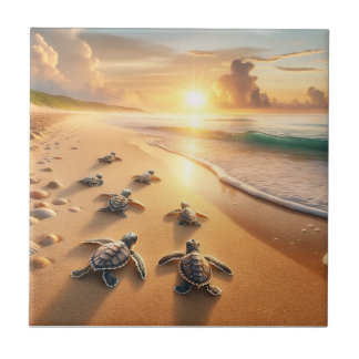 Azulejo Tortugas del mar Bebé en dirección al océano en la