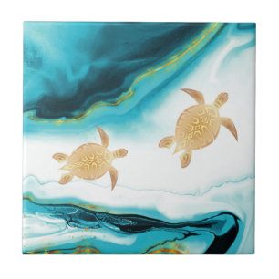 Azulejo  Tortugas doradas tinta blanca y turquesa 