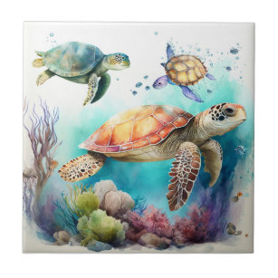 Azulejo Tortugas marinas, acuarela, mosaico cerámico de ar