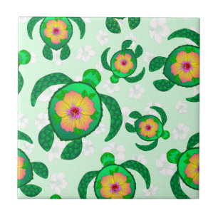 Azulejo Tortugas verdes honu Hibiscus Flowers