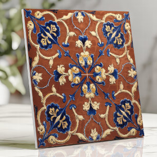 Azulejo Toscano Terracota Floral Azul y Dorado