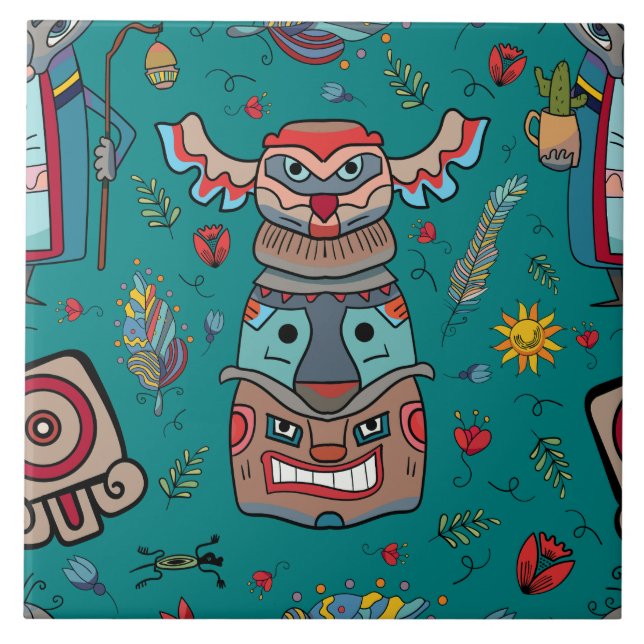 Azulejo Tótem nativo americano oscuro Verde azulado (Frente)