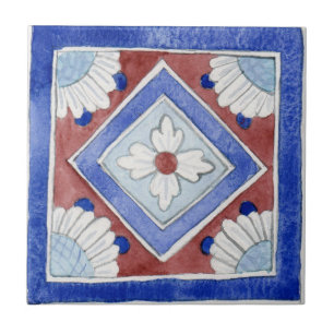 Azulejo tradicional siciliano azul y rojo
