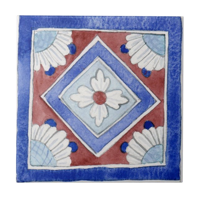 Azulejo tradicional siciliano azul y rojo (Frente)