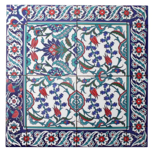 Azulejo Traditional Turkish Iznik Tile  Red and Blue Flora (Frente)