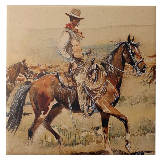 Azulejo “Trail Drive”  2 Arte Occidental por Edward Borein (Frente)