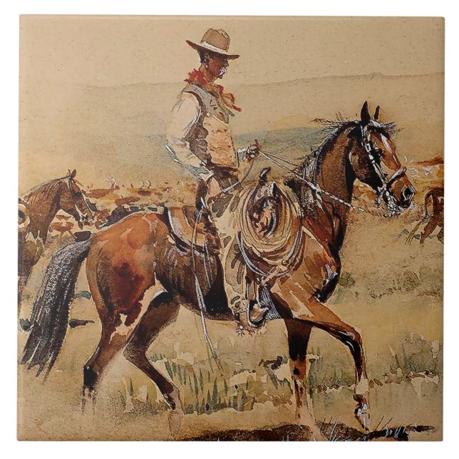 Azulejo “Trail Drive”  2 Arte Occidental por Edward Borein (Frente)