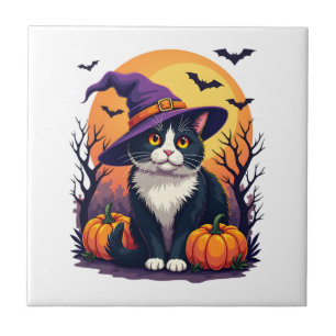 Azulejo Traje de Halloween de gato negro retro con calabaz
