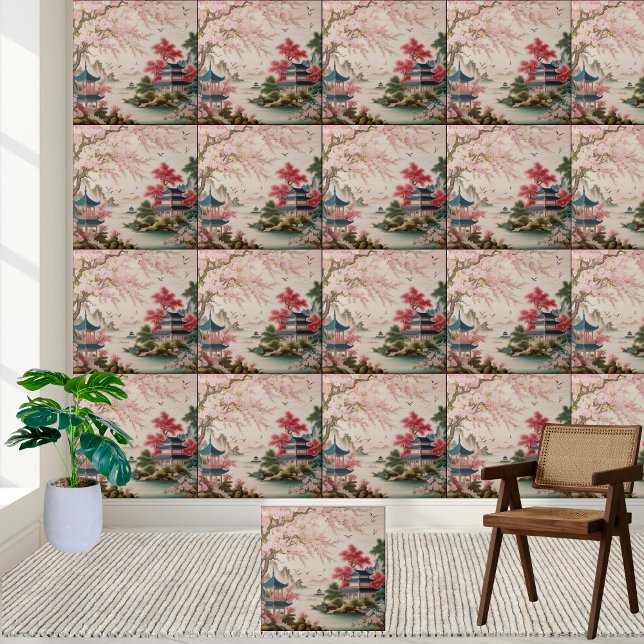 Azulejo Tranquila Blossom Asiático & Pagoda Chinoiserie Ti (Tranquil Asian Blossom & Pagoda Chinoiserie Tile)