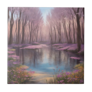 Azulejo Tranquilo Lago Escenario Con Flores Silvestres De