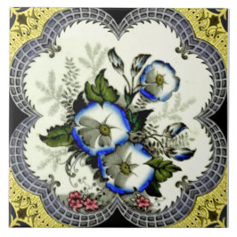 Azulejo Transferware floral con marco victoriano a mano