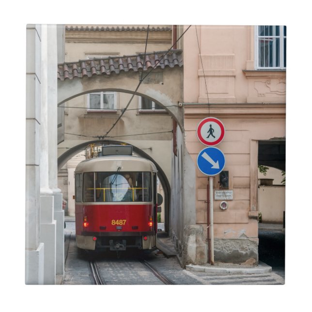 Azulejo Tranvía rojo en el casco antiguo de Praga - Repúbl (Frente)