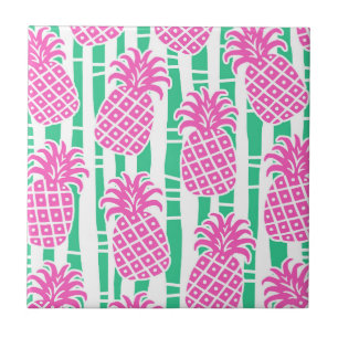 Azulejo Trazos de bambú de piña Patrón rosa y verde