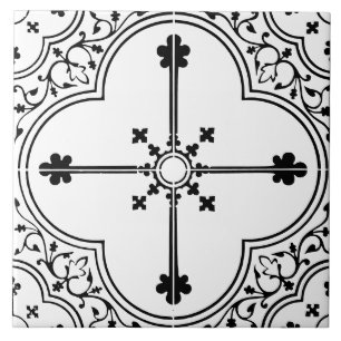Azulejo Trébol Cruzado Gótico Blanco y Negro Vintage Antig