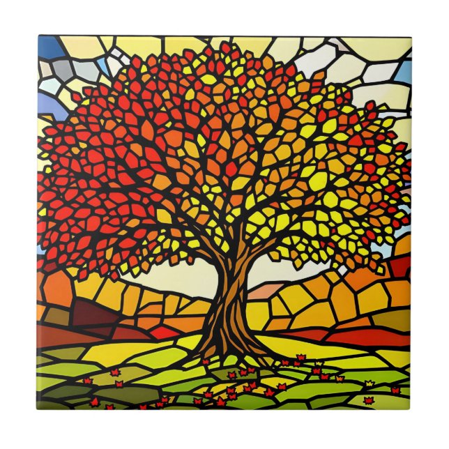 Azulejo Tree of Life Shattered Glass Mosaic Autumn Colors  (Frente)
