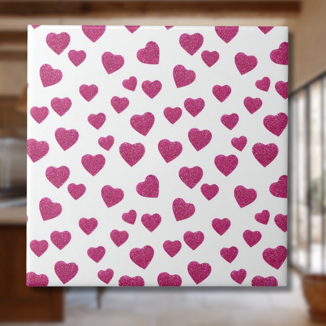 Azulejo Trendy Valentine Pink Glitter Hearts on White (Subido por el creador)
