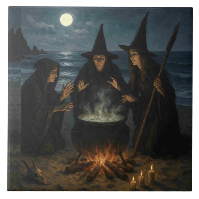 Azulejo Tres brujas producen Cauldron Full Moon Beach (Frente)