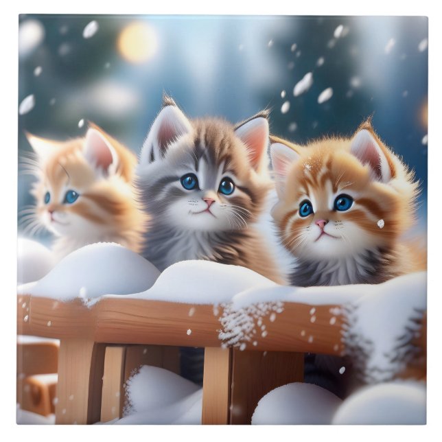 Azulejo Tres gatos de tabby jugando en el retrato de nieve (Frente)