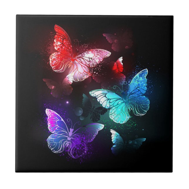 Azulejo Tres mariposas brillantes en el fondo nocturno (Frente)