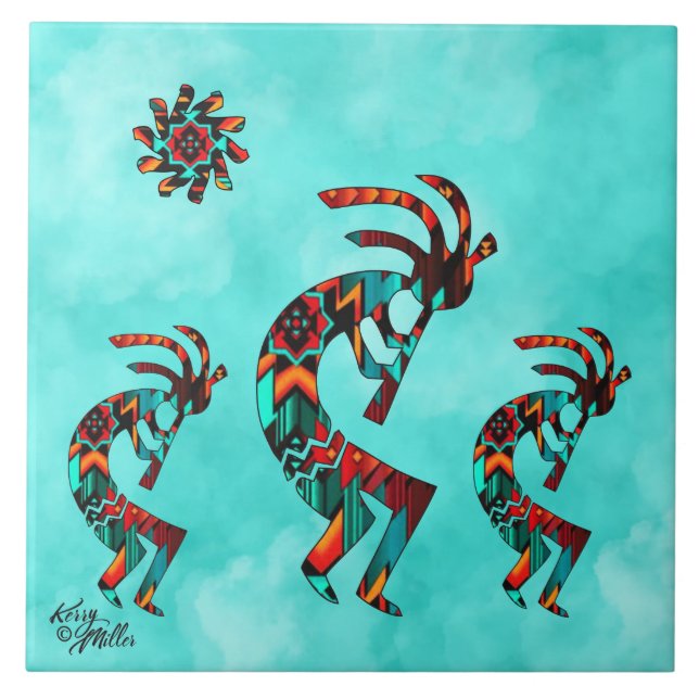 Azulejo Tres mosaicos cerámicos del suroeste de Kokopelli (Frente)