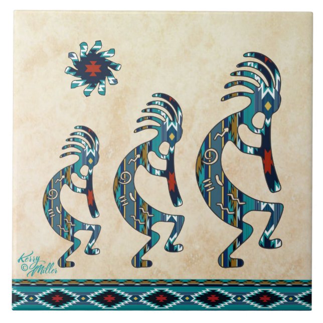 Azulejo Tres mosaicos de cerámica turquesa Kokopelli (Frente)