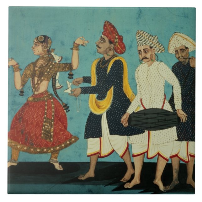 Azulejo Tres músicos y un chica de baile, Tanjore, Tamil (Frente)