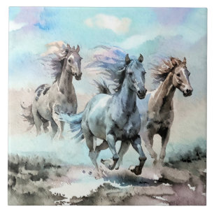 Azulejo Tres Mustangs Salvajes Corren a Través de las Llan