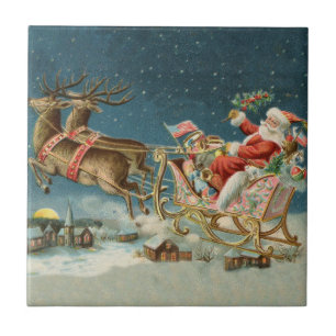 Azulejo Trineo Antiguo de Navidad de Santa Claus Reno
