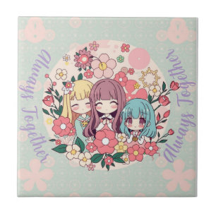 Azulejo Trio Kawaii - Chicas de anime y vibraciones floral