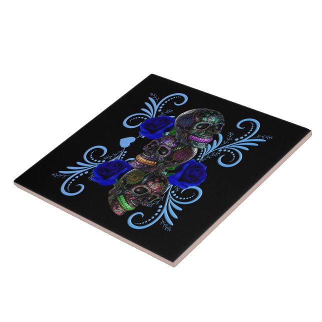 Azulejo Triple Día Negro De Los Cránulos Muertos Rosas Azu (Lado)
