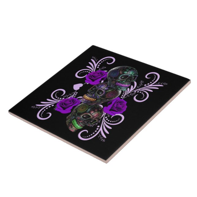 Azulejo Triple Día Negro De Los Cránulos Muertos Rosas Mor (Lado)