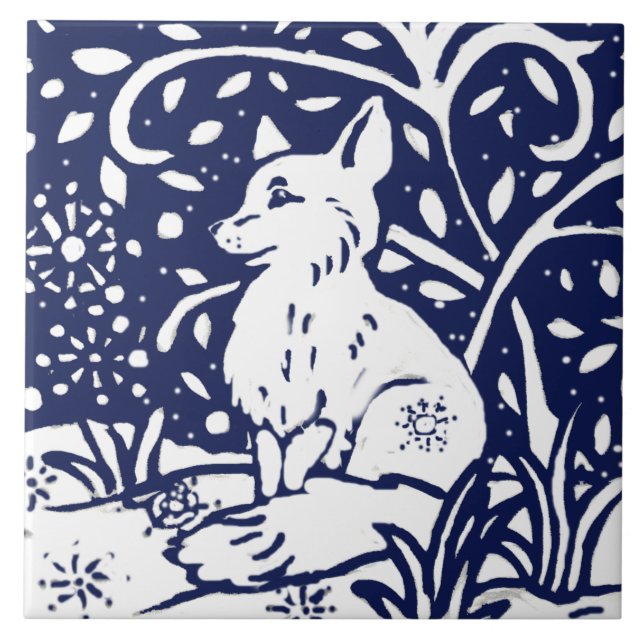 Azulejo Trivet de animales de Fox Woodland Blue Winter (Frente)