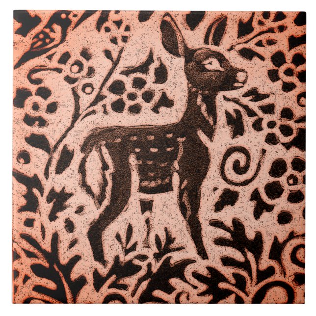 Azulejo Trivet de caída de la flor de ciervo pardo de cobr (Frente)
