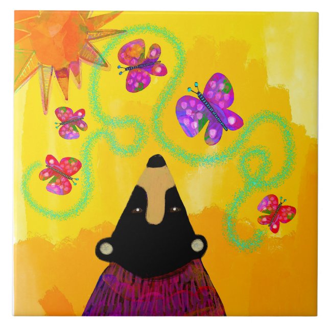 Azulejo Trivet de oso y mariposas (Frente)