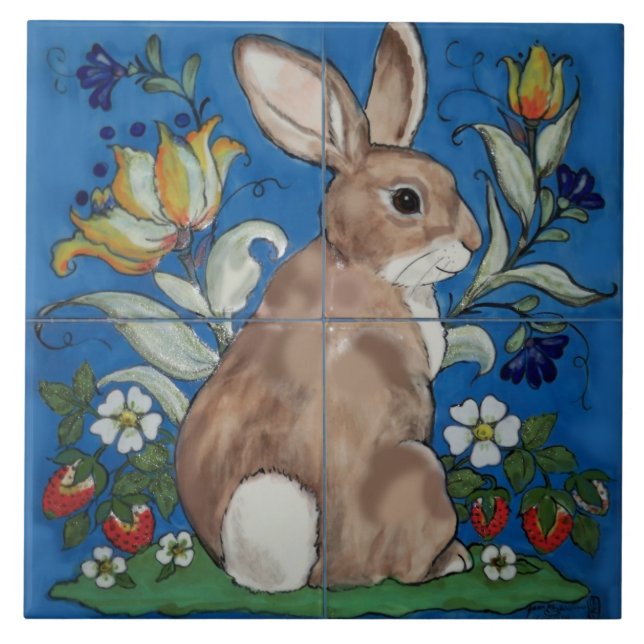 Azulejo Trivet de Pascua Floral de Primavera Azul de Conej (Frente)