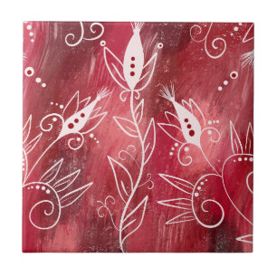 Azulejo Trívet De Patrón Floral Rojo Y Blanco