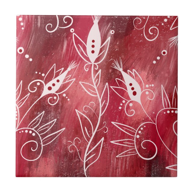 Azulejo Trívet De Patrón Floral Rojo Y Blanco (Frente)