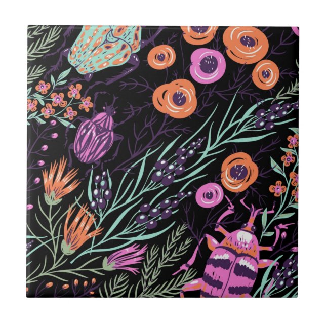 Azulejo Tropical Botanical and Bugs Colorful Abstract Art (Frente)