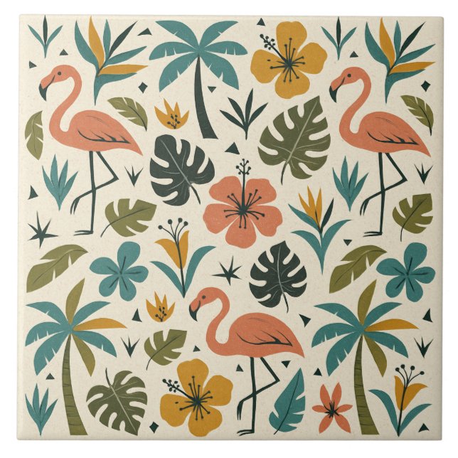 Azulejo Tropical Flamingo and Palm Tree Pattern (Frente)