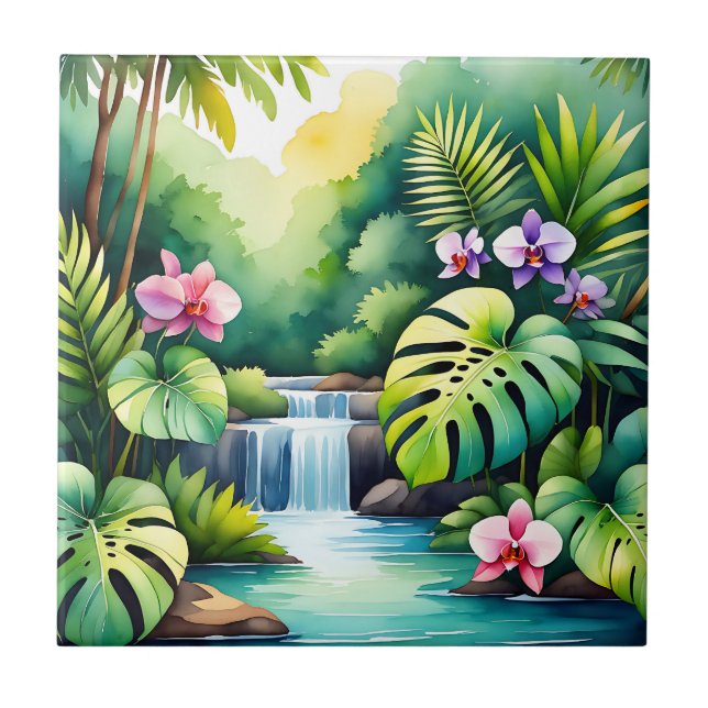 Azulejo Tropical Jungle Waterfall Orchid Paradise  (Frente)