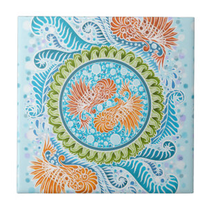 Azulejo Tropical Koi Mandala   Vibrante Ocean Zen Art