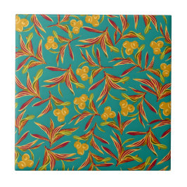 Azulejo Tropical Pattern with Red and Yellow Leaves