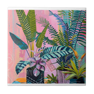 Azulejo Tropical pink flamingos set against lush green
